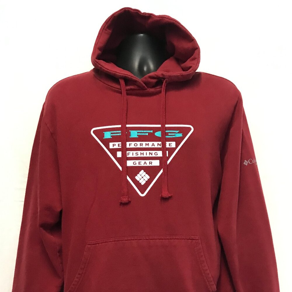 Columbia Men's Fleece Pullover Hoodie Size M Wine/Burgundy PFG Logo Front